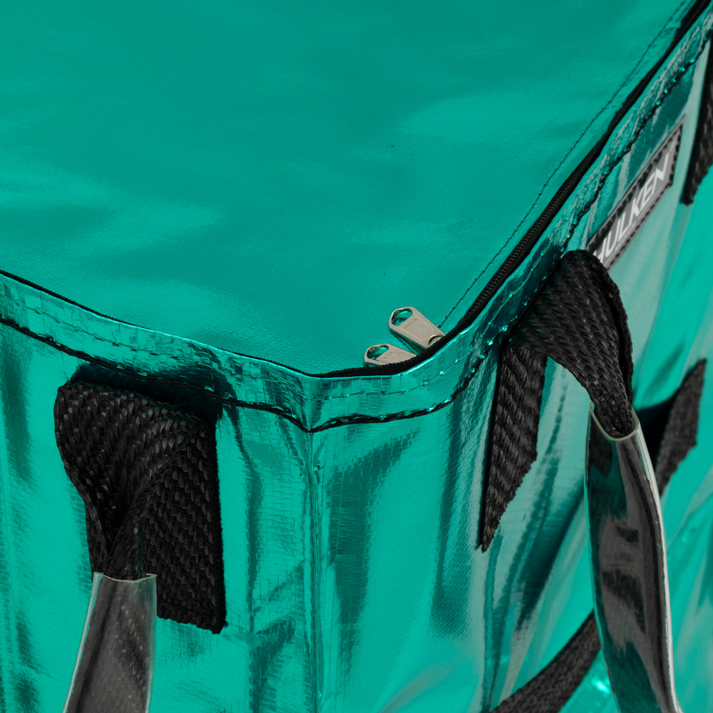 Close-up of a teal tote bag