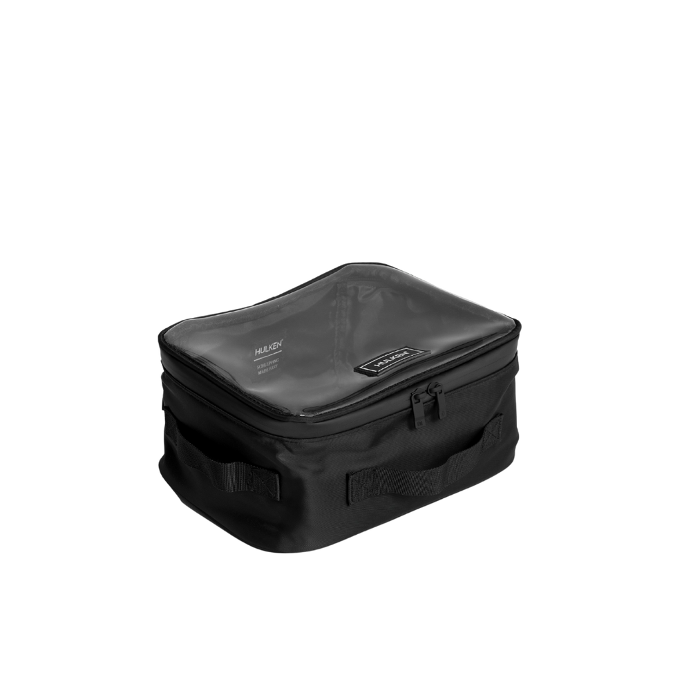 Black travel bag with visible brand logo on a white background