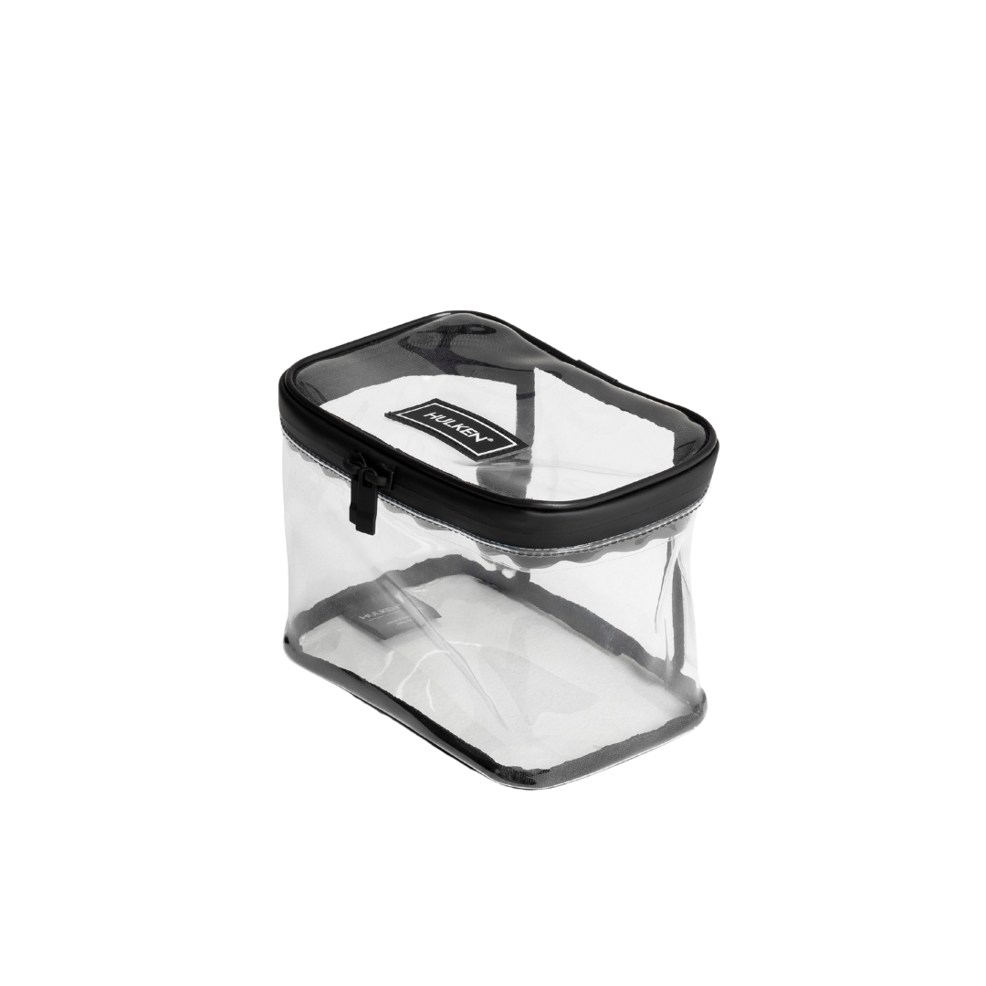 Clear pouch with black zipper on a white background