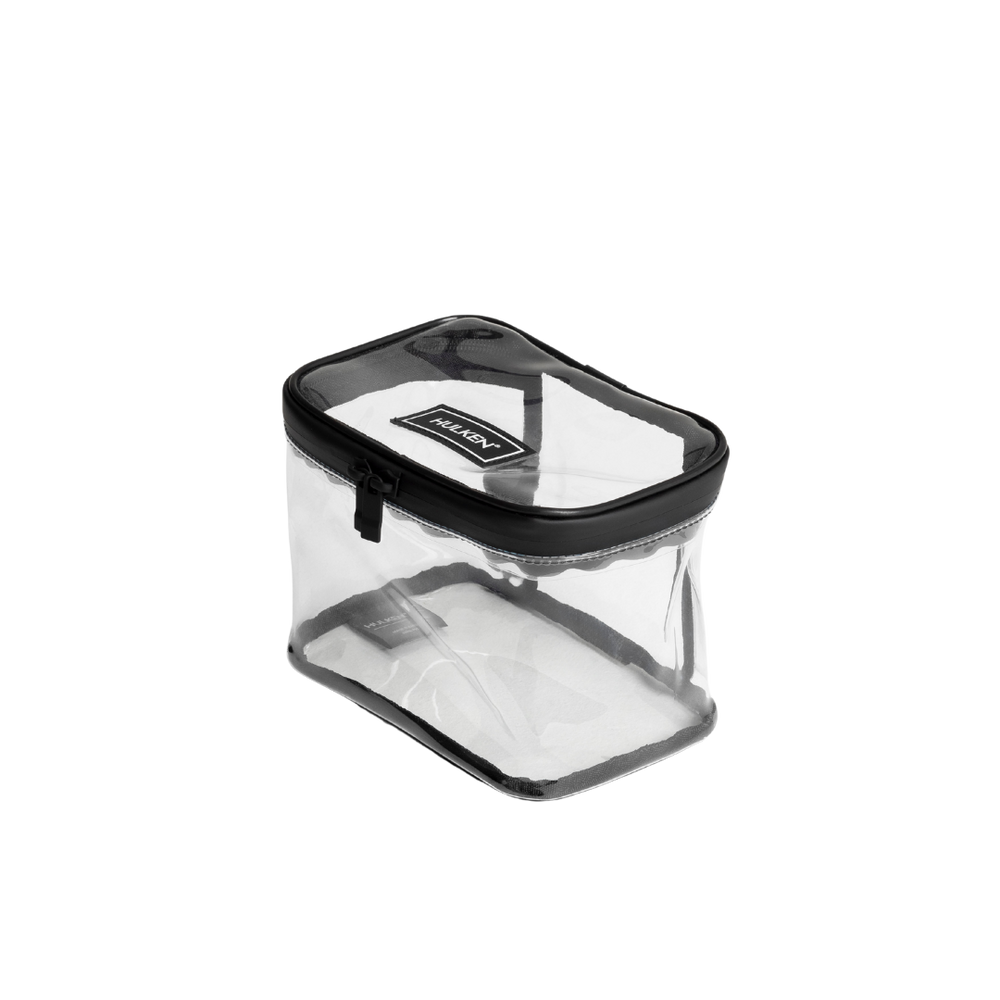 Clear pouch with black zipper on a white background