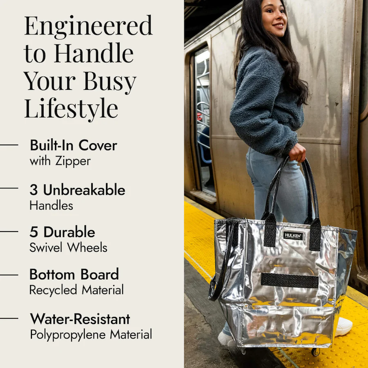 Person carrying a silver tote bag
