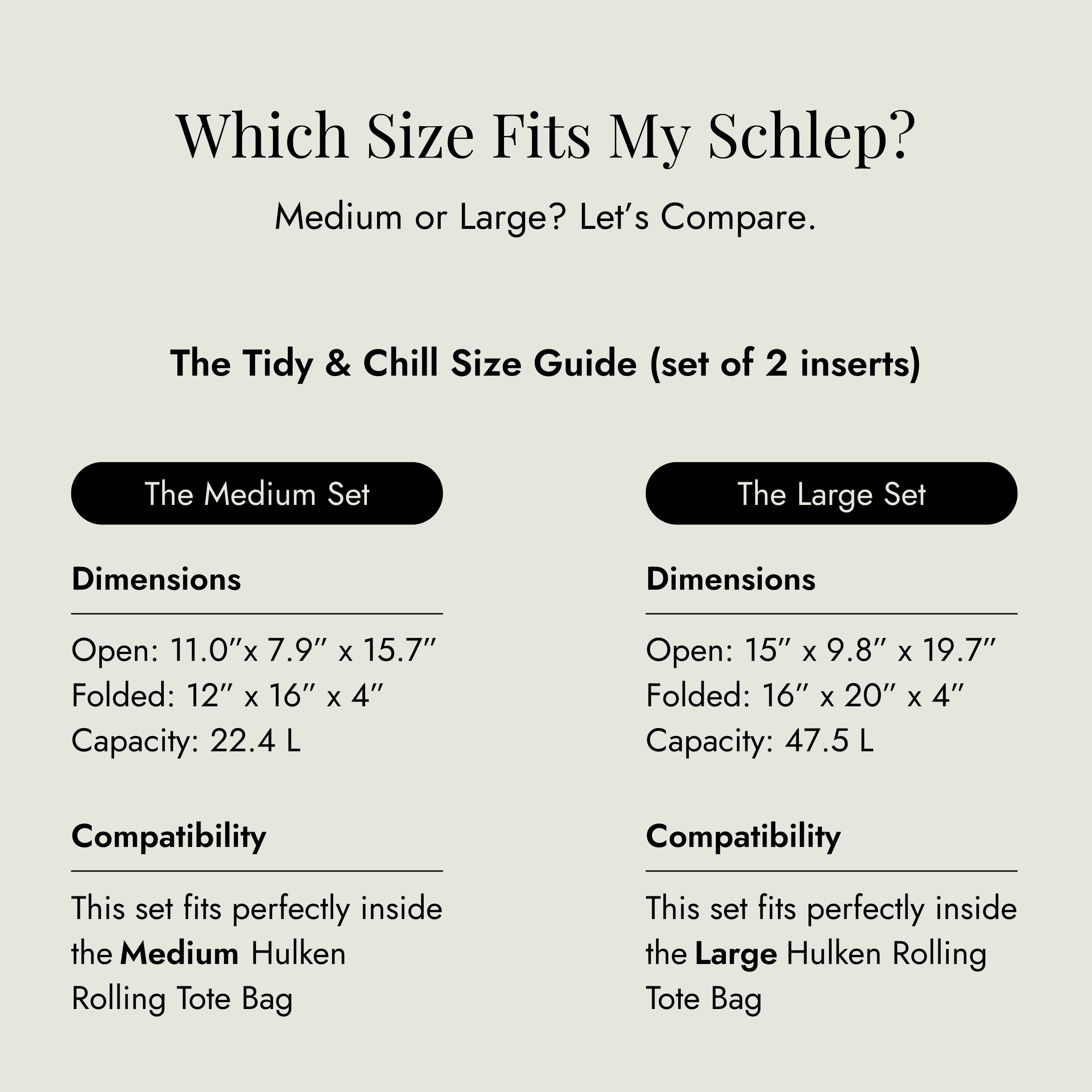 Size guide for The Tidy & Chill inserts comparing medium and large sets on a light gray background.