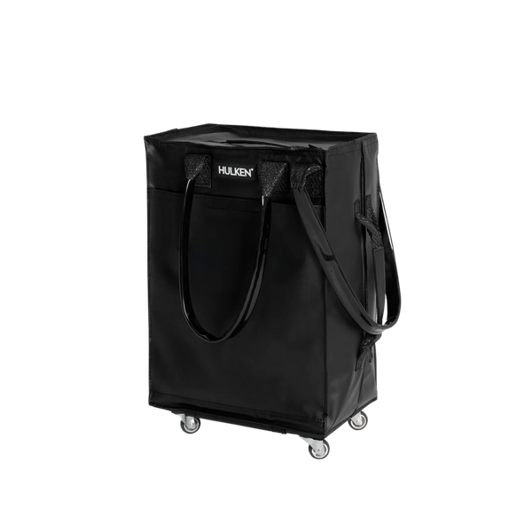 Black bag with wheels on a white background