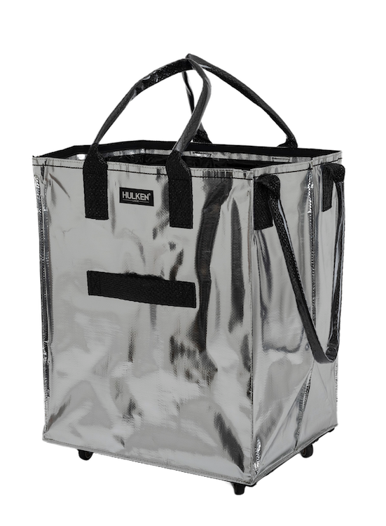 A silver tote bag