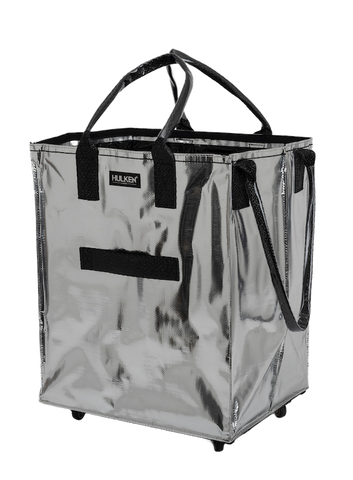 A silver tote bag