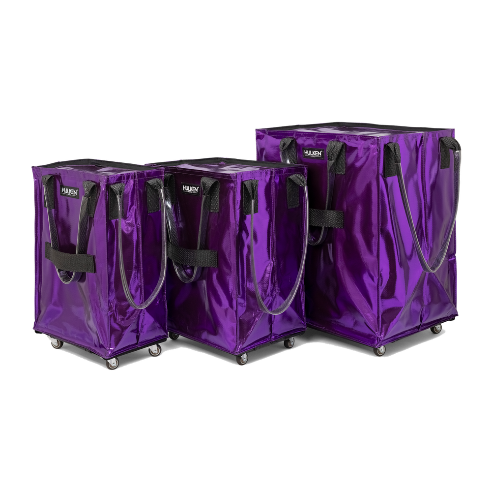 Three sizes of a purple tote bag shown side by side