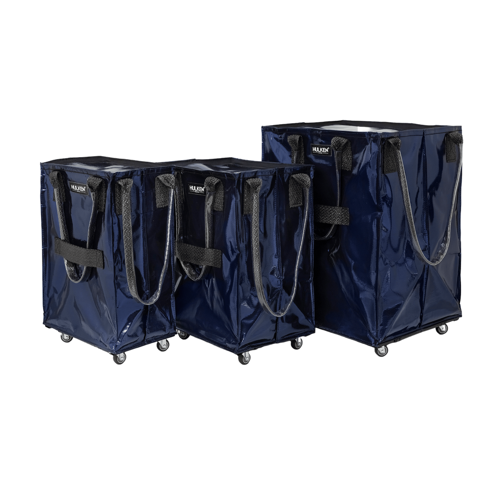 All three sizes of Hulken Blue tote bags side by side