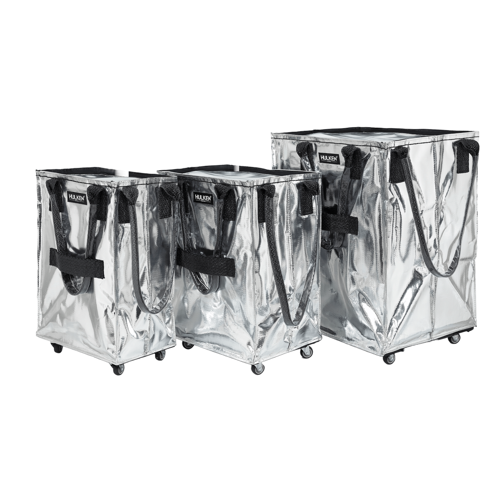 All three sizes of Hulken silver tote bags side by side.